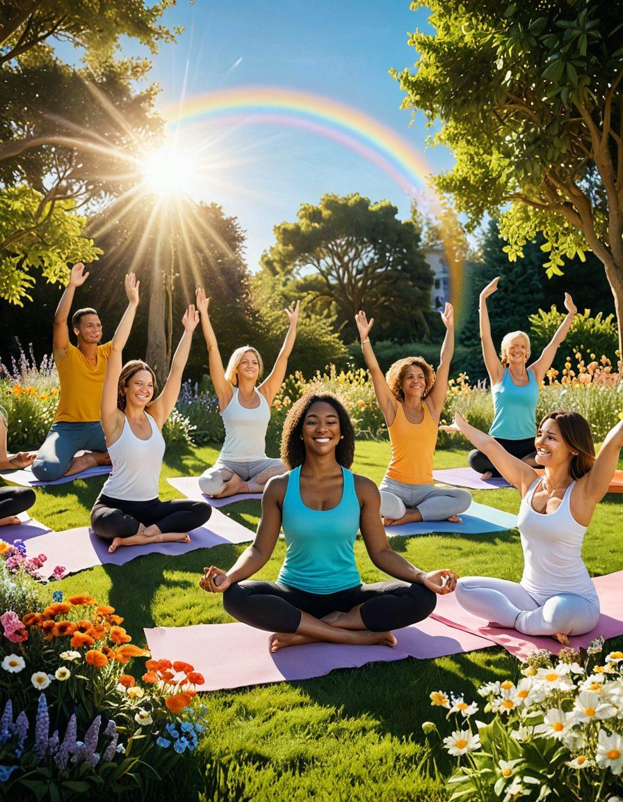 A radiant sun smiling down on a diverse group of people joyfully engaging in various activities like yoga, painting, and laughing together in a blooming garden filled with colorful flowers. The atmosphere is vibrant, reflecting positivity and happiness, with warm sunlight illuminating their faces. Include elements like butterflies, a rainbow in the background, and soft pastel colors to enhance the cheerful vibe. super-realistic. vibrant colors. bright background.