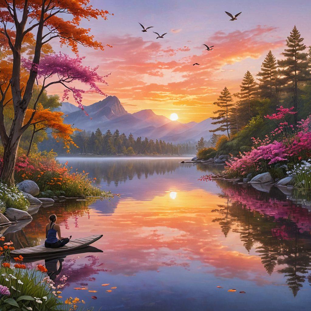 A serene landscape featuring a vibrant sunrise over a tranquil lake, with people practicing yoga and meditation along the shore, colorful flowers in bloom, and gentle birds soaring through the sky, all embodying a sense of joy and tranquility. The image should convey a feeling of peace and upliftment. super-realistic. vibrant colors. tranquil scenery.