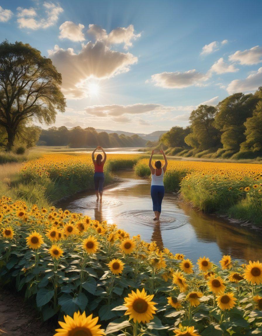 A serene sunlit landscape with cheerful sunflowers swaying gently in a light breeze, a diverse group of people engaging in joyful activities like dancing, laughing, and practicing yoga, bright blue sky with fluffy clouds, a flowing river symbolizing positivity, surrounded by lush greenery. vibrant colors. super-realistic.
